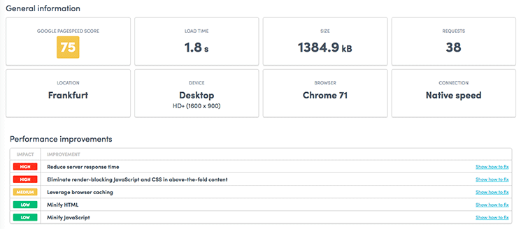 Uptrends page speed performance test results 