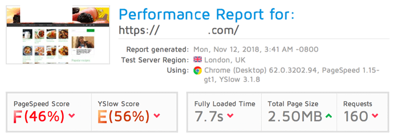 SteadyWP page speed optimisation service result before