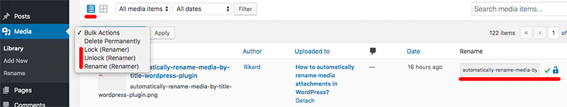 WordPress media library added option rename media files