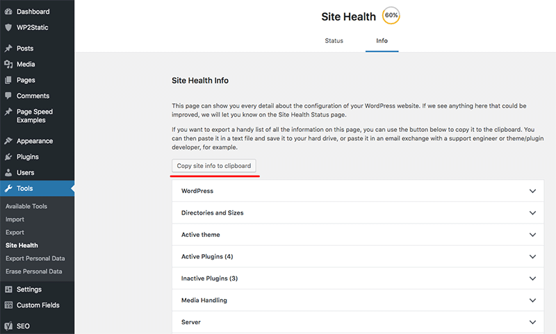 wordpress site health check info tab