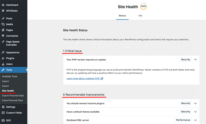 WordPress site health check status tab